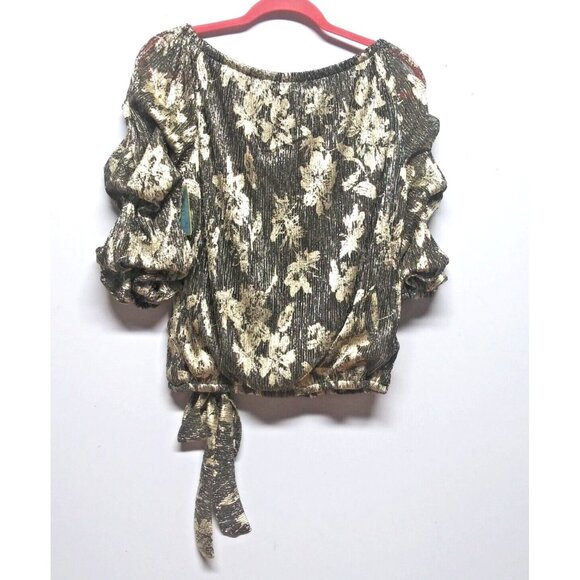 NWT CeCe Womens top Sz S shimmery gold black Party metallic blouson off shoulder - Picture 2 of 11